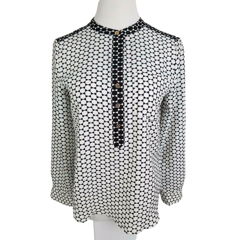 Adrienne Vittadini Chiffon Blouse Round Jewel Neck Long Sleeves Geo Size Small